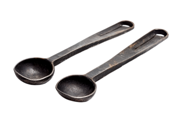 Vintage dark metallic spoons arrangement, antique kitchenware, on transparent background