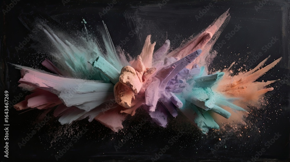 Poster explosion of vibrant pastel colored powder against a dark background creating a dynamic abstract eff