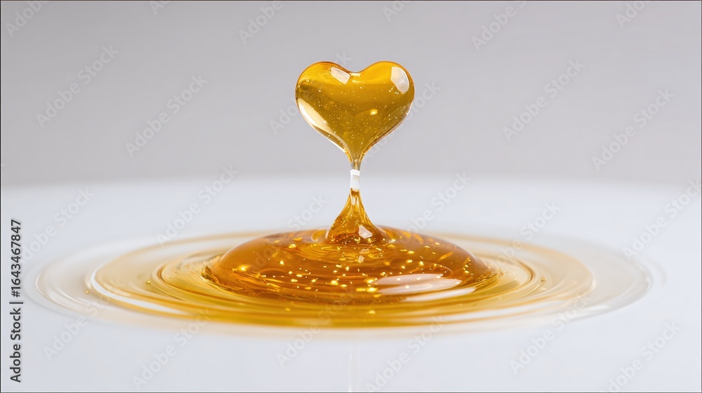 Poster a heart-shaped drop of viscous liquid splashes into a pool, creating ripples. the amber color gliste