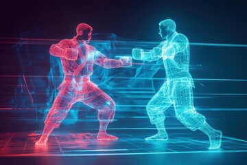Obraz premium Two digital fighters engage in a virtual martial arts duel in a futuristic setting
