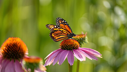 Obraz premium Monarch butterfly resting on a pink coneflower in a sunny meadow