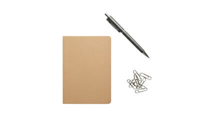 Brown notebook with a pen and paper clips isolated on transparent background