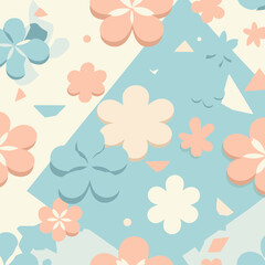 Abstract floral pattern with pastel colors in a geometric design. Colorful 3D flowers and shapes in a muted background.