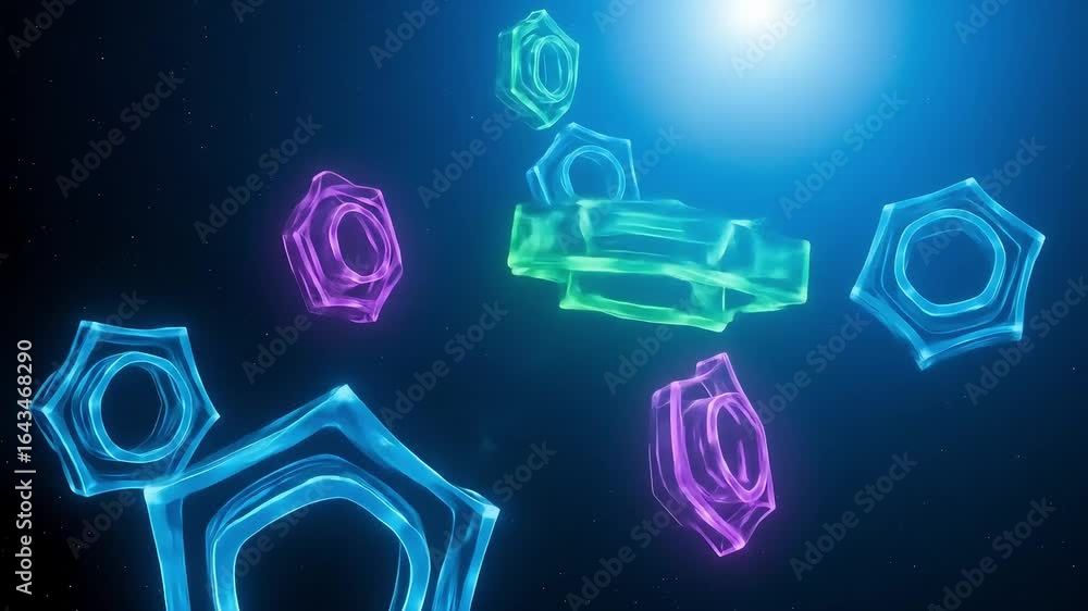 Poster abstract representation of colorful molecular structures floating in a cosmic environment with light