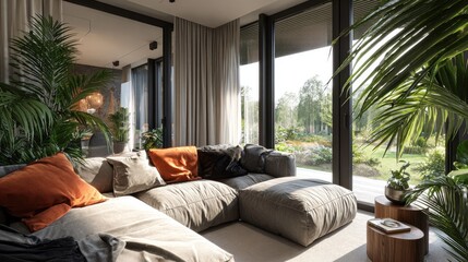 Modern living room with large windows showcasing a lush garden.