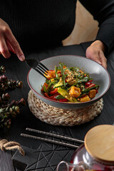 Salad with sauce in a large serving