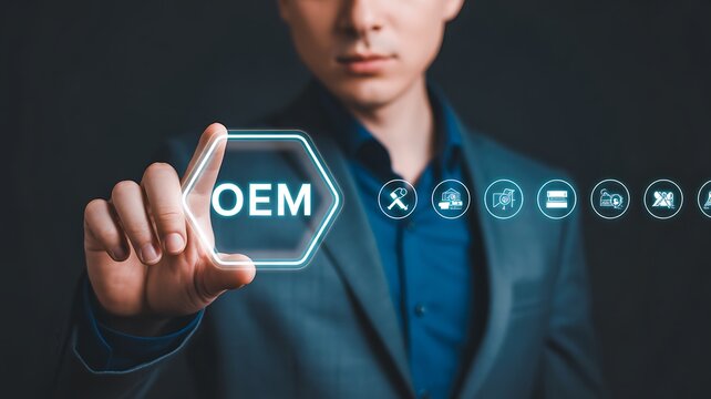 Businessman touches hexagon with OEM and icons on digital screen in dark setting technology