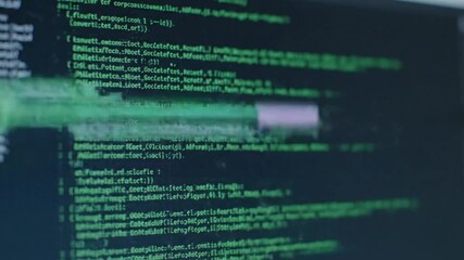 Green computer code lines scrolling on a dark digital display with data processing and abstract glitch distortion effect Futuristic technology background - Powered by Adobe