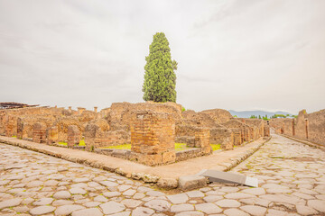 View of the historical ruins of Pompeii in Italy. Top destinations in Italy. Trip to Europe.