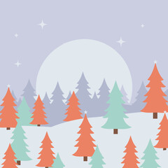 Obraz premium Winter forest scene with stylized Christmas trees in muted tones. Simple, flat design of Christmas trees with a snowy landscape under a pale moon and starry sky.