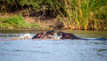 Fototapeta premium Three hippos interact in a murky river, splashing water