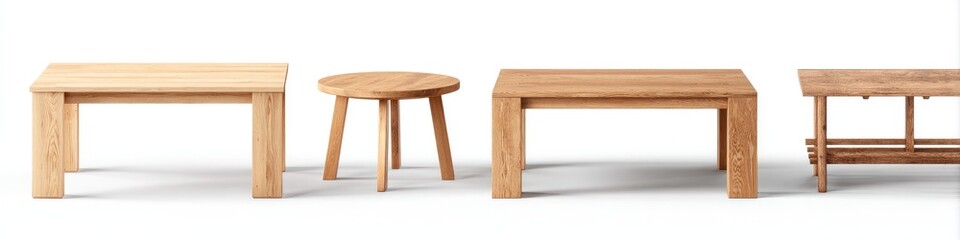 Light-colored wooden tables of various shapes and sizes
