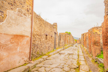 View of the historical ruins of Pompeii in Italy. Top destinations in Italy. Trip to Europe.