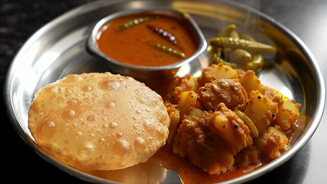 Authentic Indian Vegetarian Thali with Golden Poori Spicy Potato Sabzi and Tangy Tamarind Rasam in Stainless Steel Plate A Culinary Delight High Angle Studio Shot on Dark Backdrop Promoting Indian