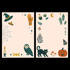 Vintage Halloween and witchcraft decorative poster cover template set, frame with mystical symbols, plants, suitable for invitations, posters, greeting cards, social media post. Vector illustration