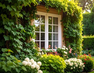 A sunny window framed by lush greenery and colorful flowers