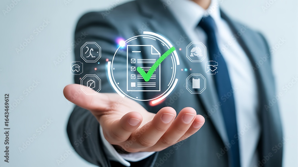 Poster man in suit presenting digital interface with checklist and approved checkmark document business