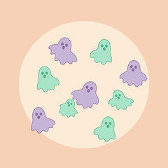 Cute cartoon ghosts in pastel colors scattered in a circle on a pale peach background. Playful, whimsical design for Halloween or children's decor. A child's room illustration -
