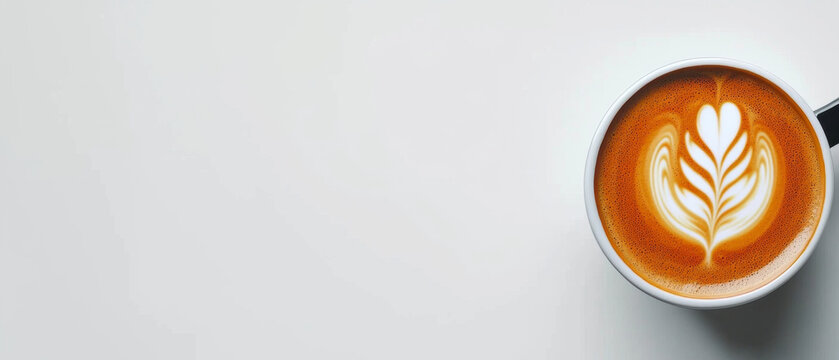 Latte art: A close-up of a coffee cup with a leaf design