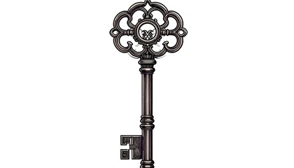 Ornate vintage key illustration, classic design with detailed floral embellishments on a white