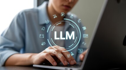 Woman using laptop with LM technology interface and data icons artificial intelligence machine learning