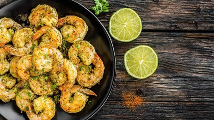 Golden Cajun Shrimp – Grilled & Sautéed, Dusted with Paprika, Paired with Lime & Fresh Herbs on Old Wooden Boards, Set in Rustic Kitchen with Spices, Bathed in Natural Light