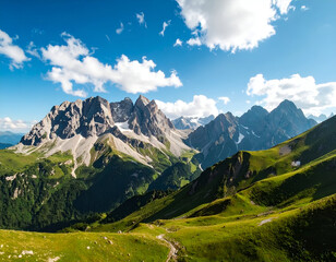 Fototapeta premium Expansive mountain landscape under a vibrant sky.