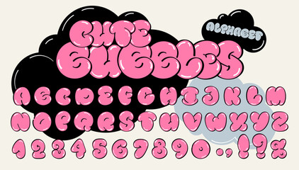 Pink bubble, cartoon font with stroke. Fashionable retro design of the late 90s early 2000s, y2k. Capital letters and numbers, vector, English alphabet.