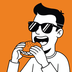 A person with sunglasses eating a burger Orange background Black outlines white filling