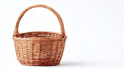 Wicker basket isolated on white background.  A classic container for storage, picnics, or decorative purposes.  Neutral tone, soft shadows. Versatile and timeless.
