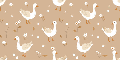 Seamless pattern with cute cartoon goose and flowers on beige background. Animal kids print design. Happy Easter print in flat style. For textiles, clothing, bed linen, office supplies