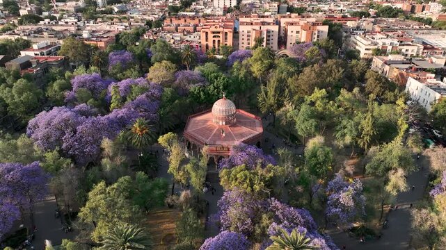 Flying Over Unique kiosko morisco Garden Park In Mexico City At Sunny Day