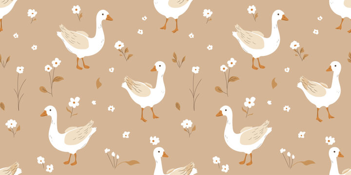 Seamless pattern with cute cartoon goose and flowers on beige background. Animal kids print design. Happy Easter print in flat style. For textiles, clothing, bed linen, office supplies