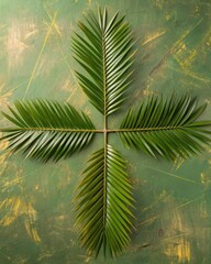 Obraz premium Four lush green palm fronds arranged in a cross shape on a textured green background