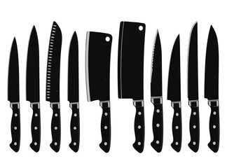 Set of Kitchen Knives - Black and White Silhouette Vector Icons