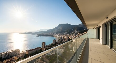 Panoramic city view from a luxury balcony, overlooking the sea and the french riviera