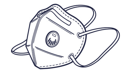 Illustration of a white n95 mask with a central valve and elastic straps in a line drawing style