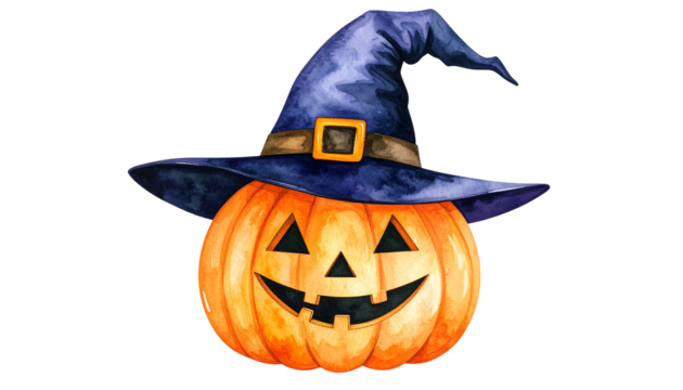 Watercolor Jack o Lantern with Witch Hat Cute Halloween Pumpkin Clipart Isolated on White