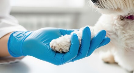 A vet wearing gloves gently holding a dog’s paw during an exam. Symbol of trust, veterinary care, and emotional connection between human and pet