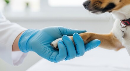 A vet wearing gloves gently holding a dog’s paw during an exam. Symbol of trust, veterinary care, and emotional connection between human and pet