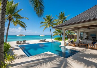 Luxurious villa with a private pool and beach access, surrounded by palm trees, ocean front property landscape.