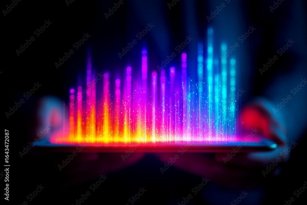 Poster digital audio visualization emerging from a tablet