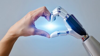 Human hand touching robot hand forming glowing heart symbol of unity