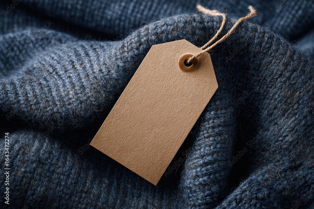 Poster textured knitted fabric with empty tag for branding or price label on deep blue textile background
