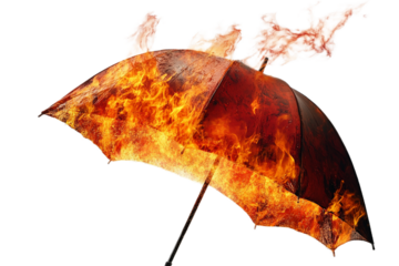 Flaming umbrella caught on fire intensely, burning isolated on transparent background