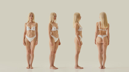 Collage of blonde woman in white lingerie posing front, side and back views with confident expression. Concept of fashion catalog, lingerie advertising, body positivity, clothing design reference.