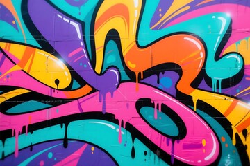 Fototapeta premium Colorful graffiti art on urban concrete wall with cartoon and artistic patterns