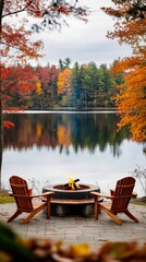 Fototapeta premium Autumn lakeside seating with firepit and scenic reflection view
