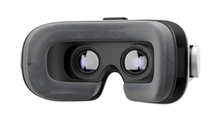 Closeup of a virtual reality headset with padded cushioning and lenses, isolated on transparent background