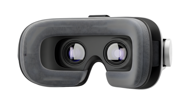 Closeup of a virtual reality headset with padded cushioning and lenses, isolated on transparent background